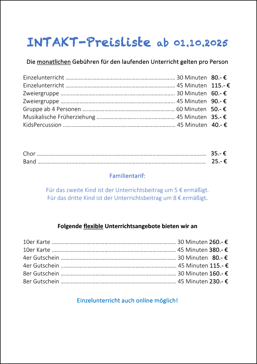 Preisliste ab Oktober 2025 zum Herunterladen